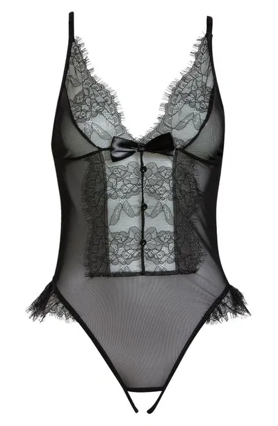 Coquette Lace & Mesh Open Gusset Teddy In Black