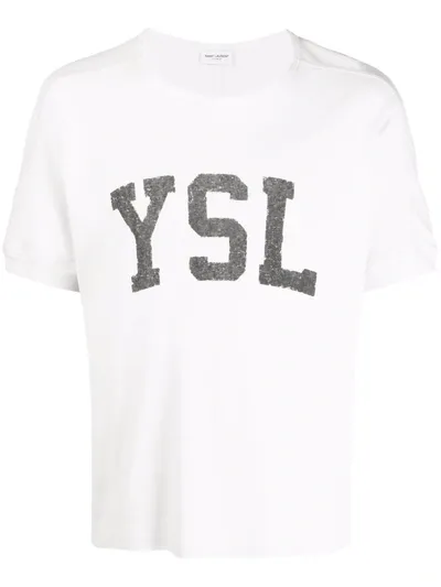 Saint Laurent Cotton T-shirt With Embroidered Monogram In Neutrals