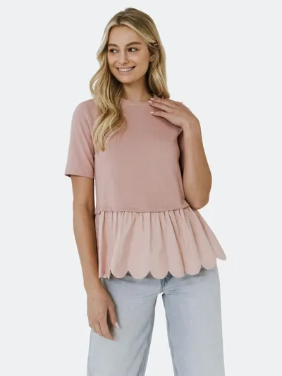 English Factory Mixed Media Scallop Peplum Cotton Top In Dusty Pink