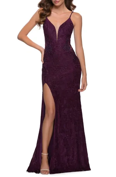 La Femme Stretch Lace Gown In Dark Berry