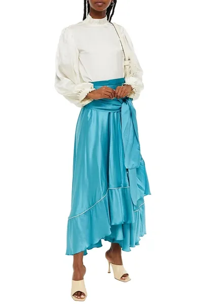 F.r.s For Restless Sleepers Ruffled Hammered Silk-satin Midi Wrap Skirt In Blue