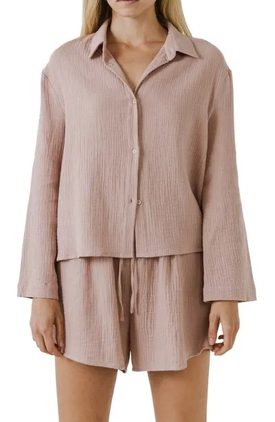 Free The Roses Gauze Corralled Top With Wide Sleeves And Slide Slit In Dusty Pink