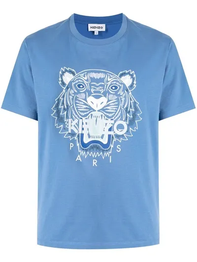 Kenzo Tiger Logo Print Cotton T-shirt In Light Blue