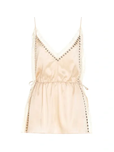 Miu Miu Cream Silk Mini Dress With Lace And Studs In Pink