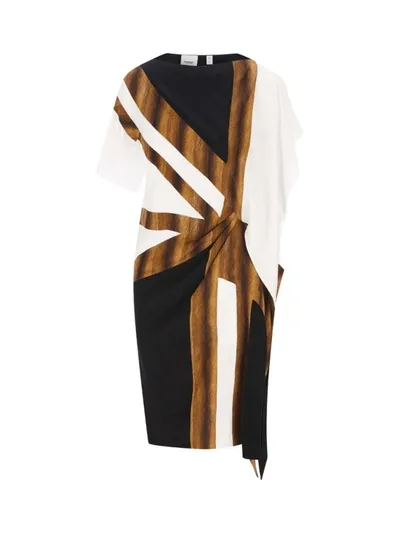 Burberry Flag Intarsia Asymmetric Silk Dress In Black