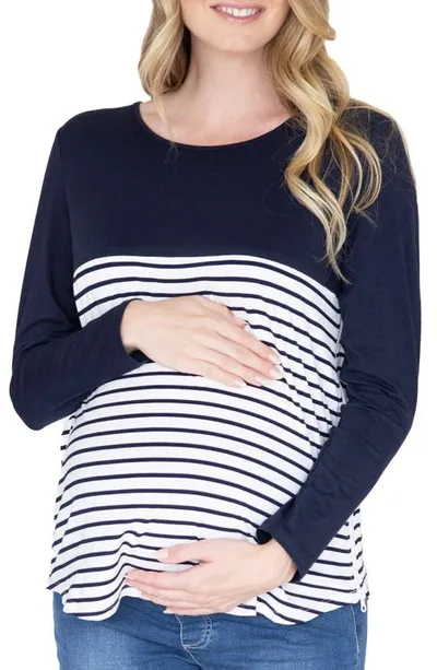 Angel Maternity Solid & Stripe Nursing Top In Navy