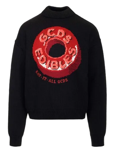 Gcds Man Black Sweater With Red Candy Logo