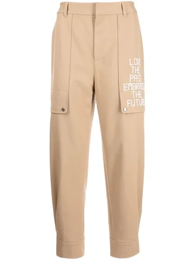 Ports V Slogan-embroidered Tapered Trousers In Brown