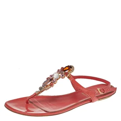 Pre-owned Loriblu Orange Patent Leather Crystal Embellished Ankle Strap Flat Sandals Size 40