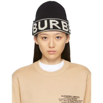 Burberry Womens Black Logo-pattern Cashmere Beanie Hat