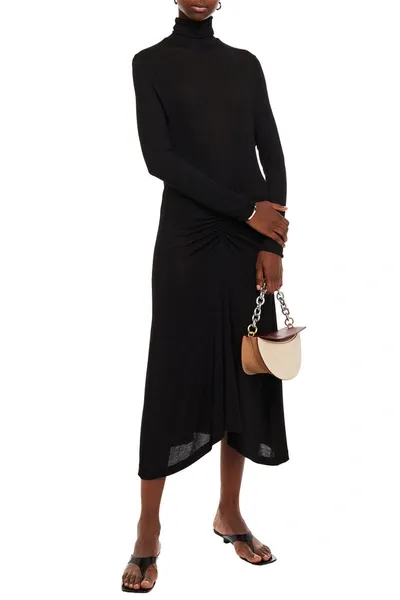 Totême Romange Ruched Stretch-jersey Turtleneck Midi Dress In Black