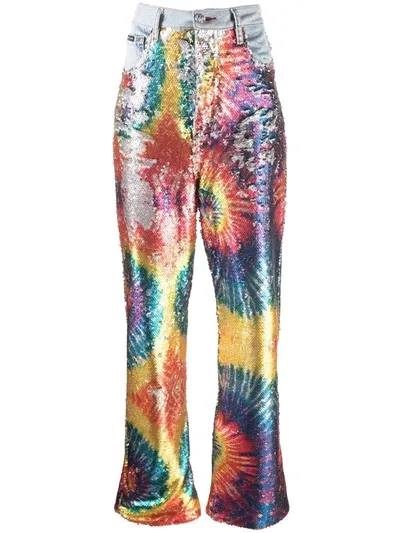 Philipp Plein Tie Dye-print Sequinned Jeans In Blau