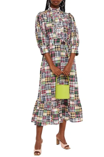 Antik Batik Alama Belted Checked Cotton-voile Midi Dress In Multicolor