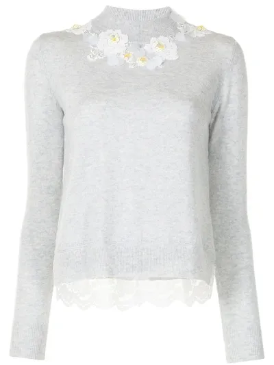 Onefifteen Floral- Appliqué Mock-neck Knitted Jumper In Grey