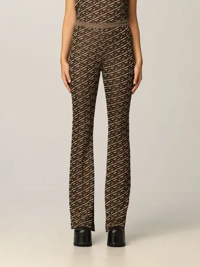 Versace Viscose Blend Flared Pants  With Monogram Print In Black,gold,brown