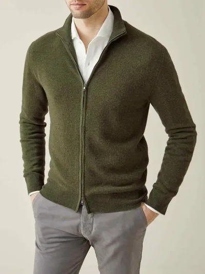 Luca Faloni Hunting Green Pure Cashmere Zip Cardigan