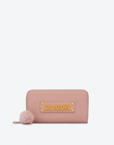 Love Moschino Furry Charm Zip Around Wallet In Black