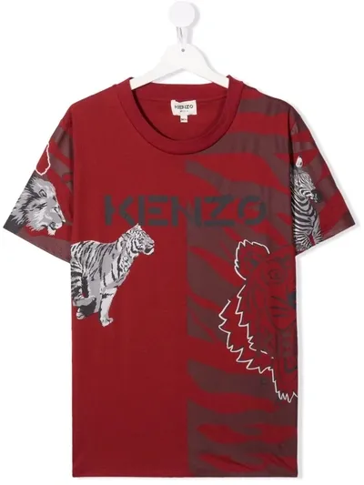 Kenzo Kids' Animal-print Organic Cotton T-shirt In 红色