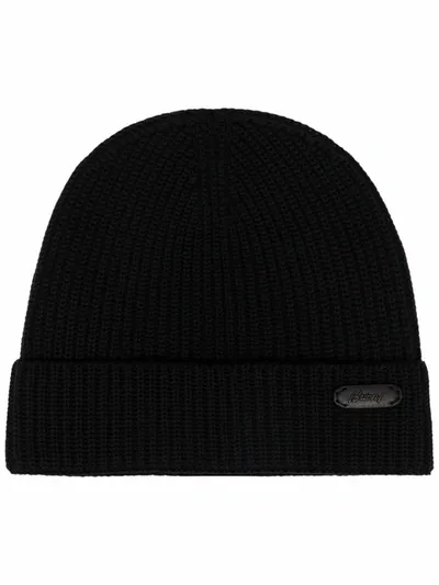 Brioni Logo Leather Tag Wool Beanie Hat In  Black