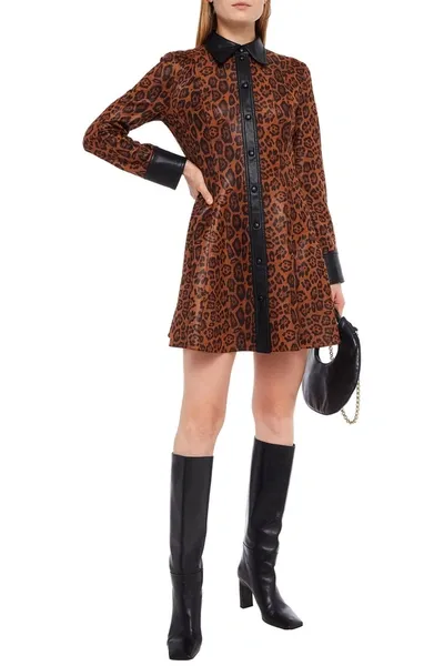 Stand Studio Leather-trimmed Leopard-print Faux Stretch-suede Mini Shirt Dress In Animal Print