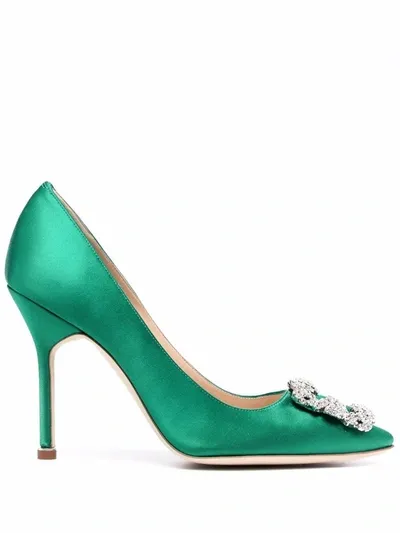 Manolo Blahnik Hangisi 70 Satin Pumps With Clc Crystal Buckle In Green