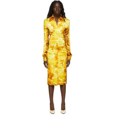 Kwaidan Editions Wadded Satin Shirt Dress In Yellow Curtain/gold