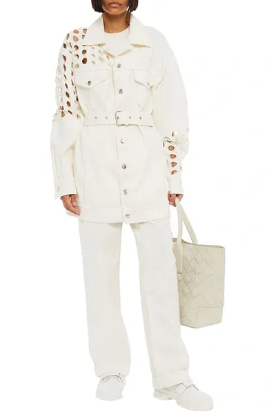 Maison Margiela Belted Perforated Denim Jacket In Neutrals