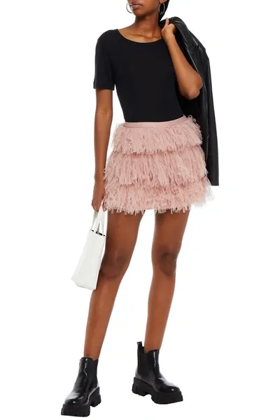 Red Valentino Tiered Fringed Tulle Mini Skirt In Pink