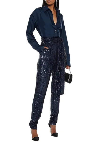 Dundas Belted Sequined Tulle Tapered Pants In Navy