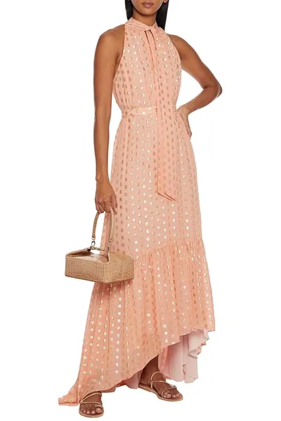 ml Monique Lhuillier Asymmetric Tie-neck Fil Coupé Georgette Maxi Dress In Peach