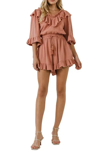 Free The Roses Ruffle Detail Cotton Romper In Rust