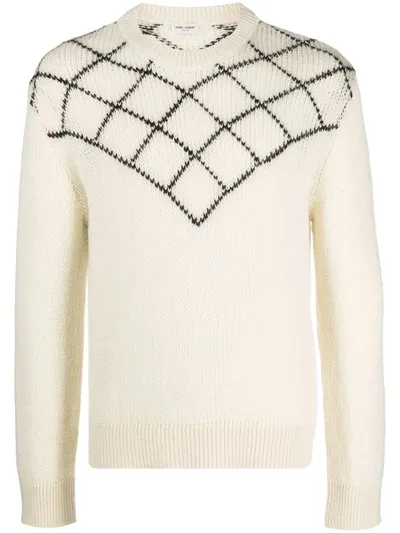 Saint Laurent Intarsia-pattern Jumper In Neutrals