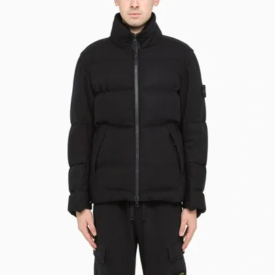 Stone Island Navy Wool And Nylon Down Jacket In Blue