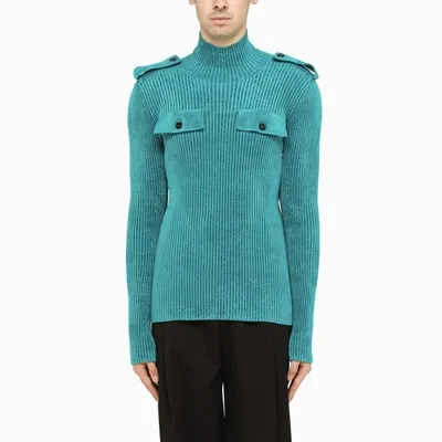 Bottega Veneta Petrol Green Ribbed Turtle Neck Sweater In Light Blue