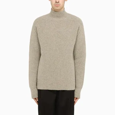 Bottega Veneta Grey Melange Ribbed Turtle Neck Sweater In Beige