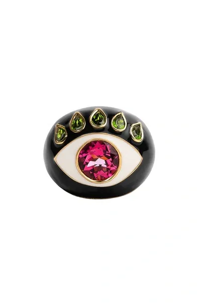 Nevernot Ready To See You 18k Yellow Gold Topaz; Diopside Enameled Ring In Black