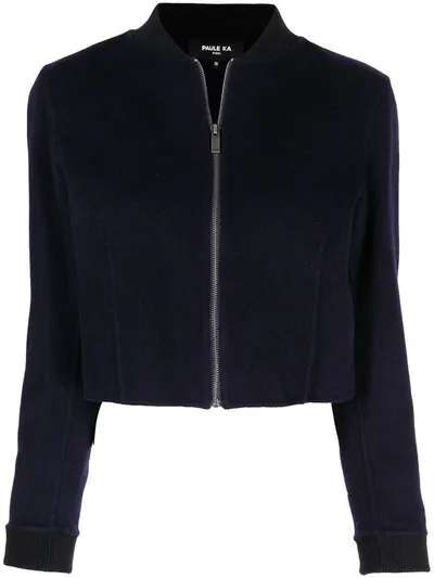 Paule Ka Cropped Knit Bomber Jacket In Blue