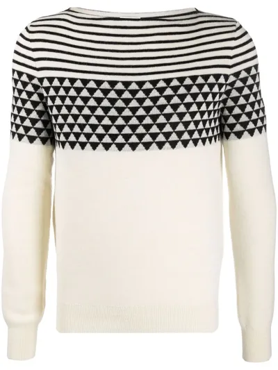 Saint Laurent Boat-neck Jacquard-pattern Jumper In Neutrals