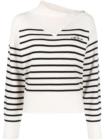 Maison Labiche C'est La Vie-embroidered Striped Jumper In Nude