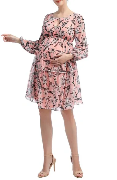 Kimi And Kai Rosie Floral Long Sleeve Maternity Babydoll Dress In Coral Multi