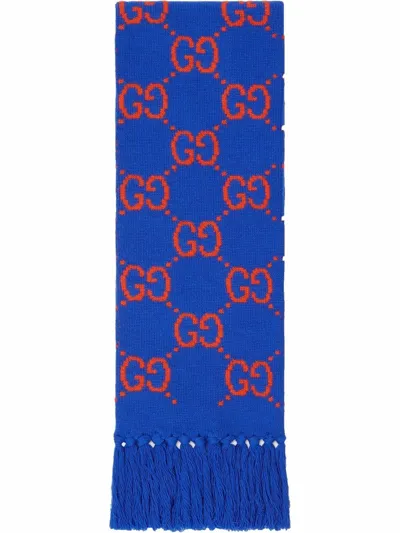 Gucci Blue & Orange Wool Jacquard Gg Scarf