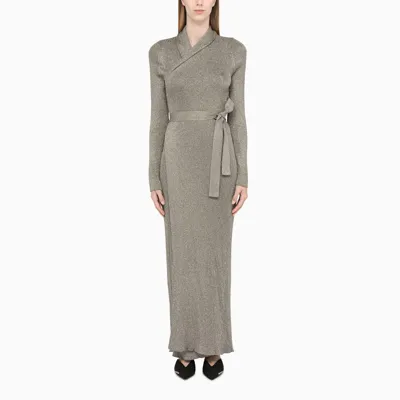 Balenciaga Silver Lurex Ribbed Knit Wrap Maxi Dress In Metal