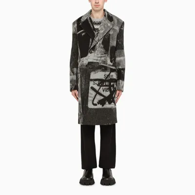 Off-white Graffiti Print Double-breasted Coat In Grey