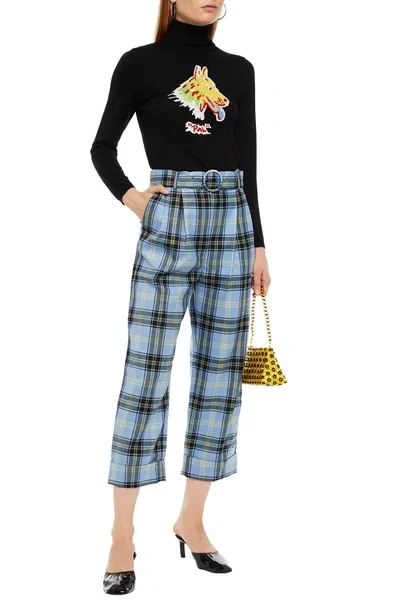 Shrimps Cropped Belted Checked Wool-twill Tapered Pants In Blue