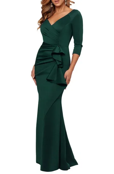 Xscape Ruched Scuba Ruffle Gown In Hunter