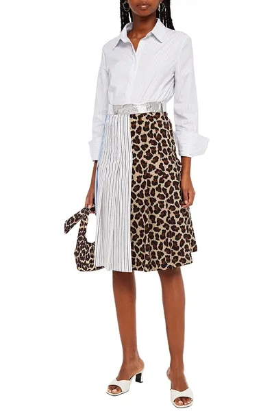 Msgm Paneled Pleated Printed Cotton-poplin Midi Skirt In White