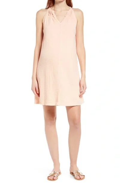 Maternal America V-neck Cotton Trapeze Maternity Dress In Peach