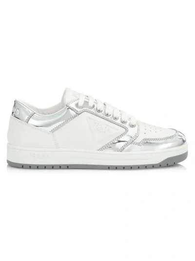 Prada Downtown Leather Low-top Sneakers In Bianco+argento