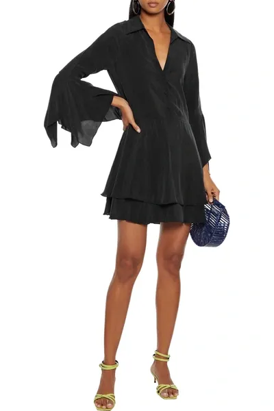 Alice And Olivia Priscilla Tiered Cupro Mini Shirt Dress In Black