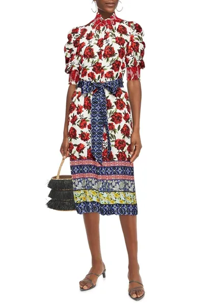 Alice And Olivia Silva Belted Floral-print Crepe De Chine Midi Dress In Multicolor